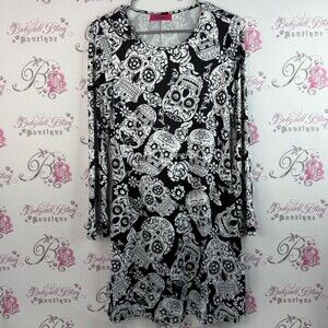 Ruiyige dress, sugar, skulls, floral, Skull Print Black and White Dress